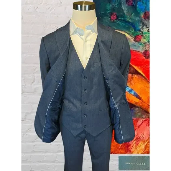 Perry Ellis 3 Piece Suit 44R 38x31.5 Navy Blue and White Textured Look - Picture 7 of 16